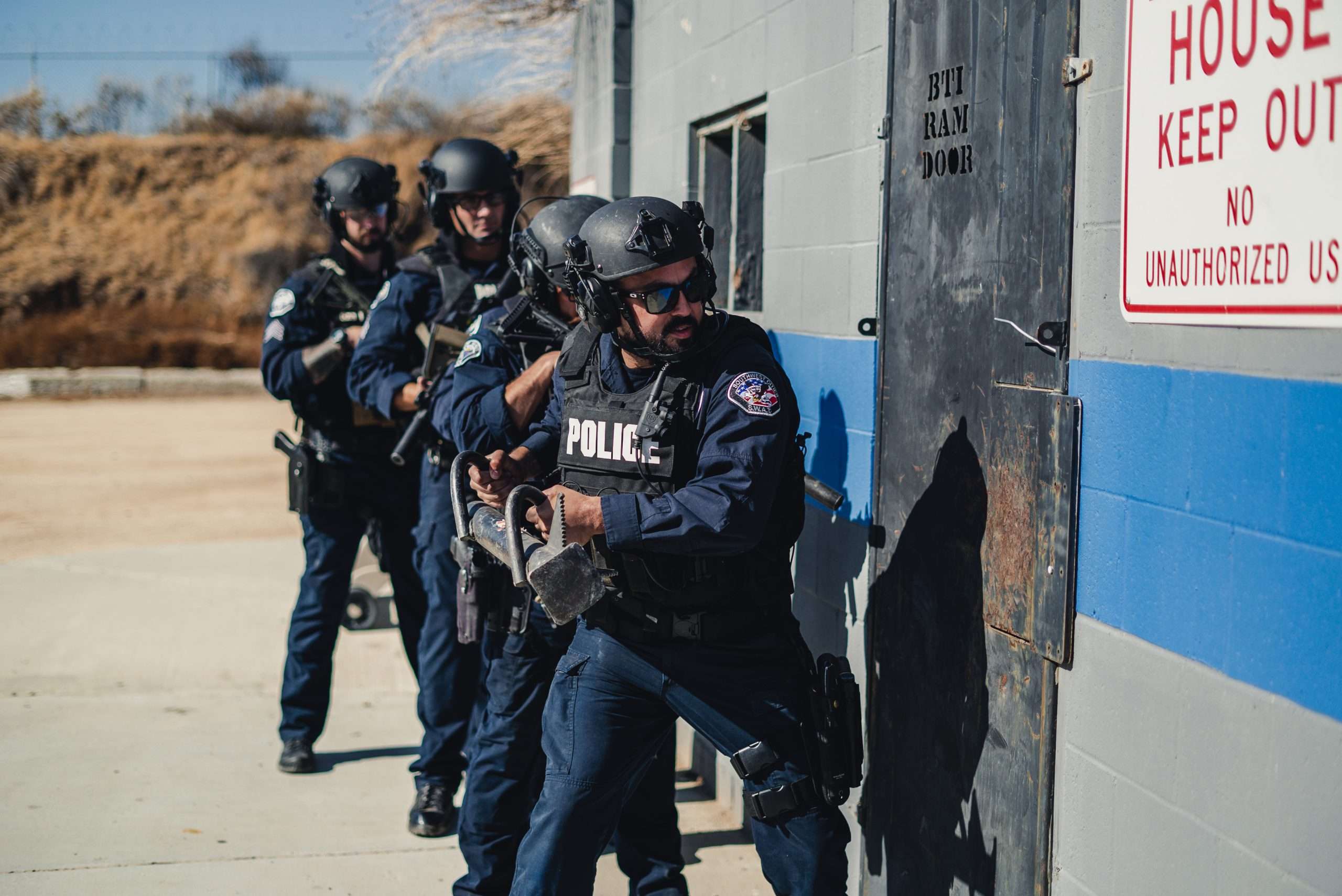 Hemet Police SWAT training on entering a building using a battering ram