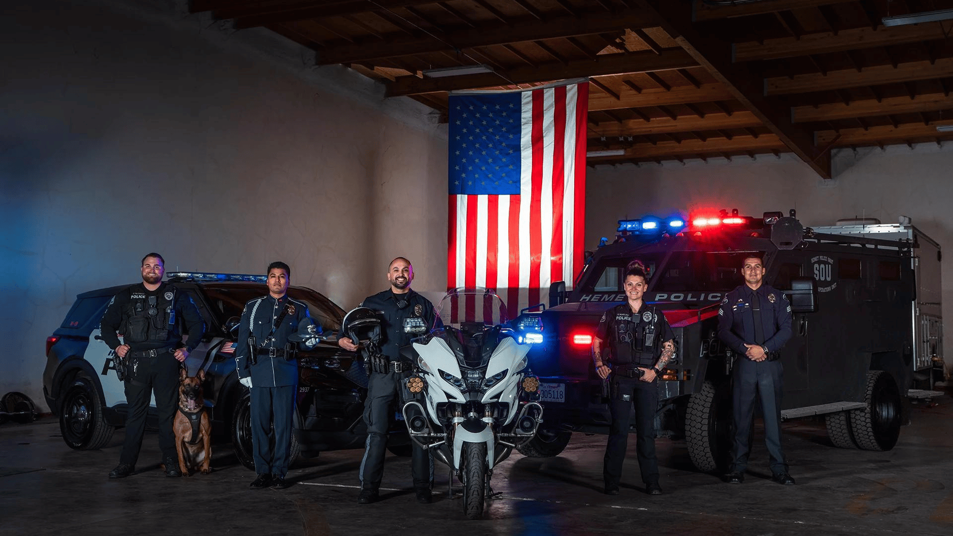 Members of the Hemet Police Department and their vehicles.